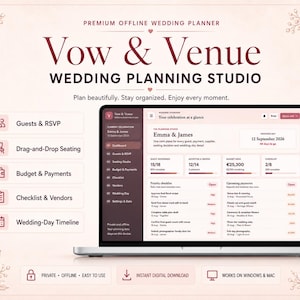 May include: A digital wedding planner interface titled Vow & Venue displayed on a laptop screen. The dashboard shows sections for Guests & RSVP, Seating, Budget, Checklist, and Timeline, with a soft pink background and floral accents.