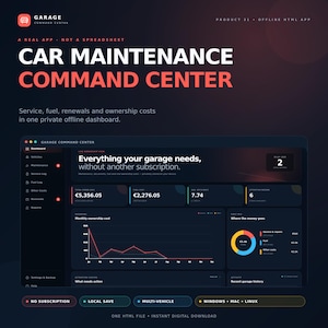 May include: A digital car maintenance command center dashboard interface displayed on a dark background. The screen shows various data metrics including total ownership costs, fuel expenses, and efficiency charts with text labels in English.