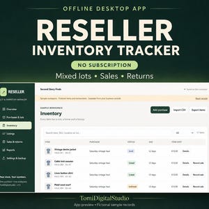 Puede incluir: Una interfaz de aplicación de escritorio sin conexión para un rastreador de inventario de revendedores. La barra lateral verde oscuro muestra opciones de navegación como resumen, compras, inventario e informes. El panel principal muestra una tabla.