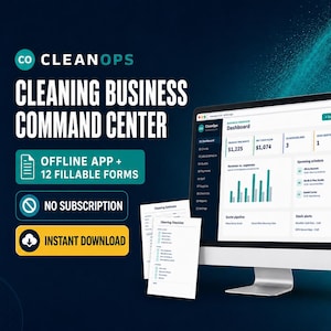 May include: A digital dashboard for a cleaning business command centre displayed on a computer monitor, accompanied by printed forms. Text includes CLEAN OPS, CLEANING BUSINESS COMMAND CENTRE, OFFLINE APP + 12 FILLABLE FORMS, NO SUBSCRIPTION, and INSTANT DOWNLOAD.