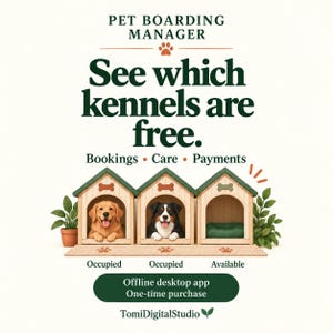 May include: A digital graphic for Pet Boarding Manager software featuring three wooden dog houses. Two houses contain a golden retriever and a Bernese mountain dog, while the third is empty with a green bed. Text reads: See which kennels are free.