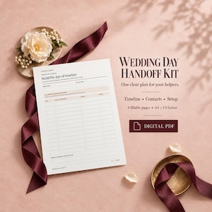 Kit de entrega para el día de la boda, cronograma en PDF rellenable, contactos de proveedores y lista de verificación de montaje, tamaños A4 y carta estadounidense.