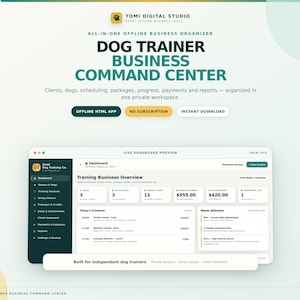 May include: A digital business organizer for dog trainers titled Dog Trainer Business Command Center. The interface displays a dashboard with tabs for clients, scheduling, packages, progress, payments, and reports, featuring an offline HTML app format.
