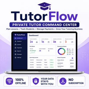 May include: A laptop screen displaying the TutorFlow Private Tutor Command Center dashboard with purple branding. The interface shows student metrics, lesson tracking, revenue, and payment data. Below, three boxes highlight 100% offline, data privacy, and no subscription features.