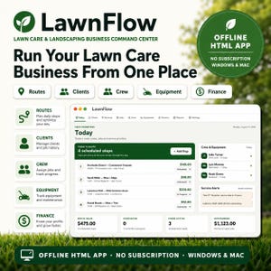 May include: A digital dashboard interface for the LawnFlow lawn care and landscaping business command centre. The display shows route planning, client management, crew tracking, equipment maintenance, and financial reporting features for Windows and Mac.