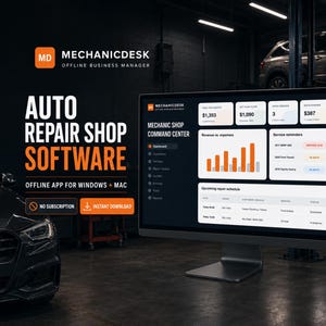 May include: A computer monitor displaying MechanicDesk auto repair shop software with a dashboard showing financial data, service reminders, and a repair schedule. The screen features text including Auto Repair Shop Software and Offline App for Windows + Mac.