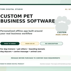 Puede incluir: Un anuncio de producto digital para software de negocios de mascotas de Tomi Digital Studio. El texto dice Custom Pet Business Software, Personalized offline app built around your real business workflow, Custom Made Simple, y enumera servicios para adiestradores de perros, cuidadores, guarderías, masajes caninos y cuidado animal.