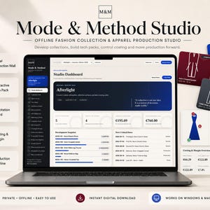 May include: A laptop displaying the Mode & Method Studio software interface, featuring a Studio Dashboard with project metrics, development snapshots, and critical dates. The screen shows a dark blue and white layout with text and icons.