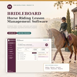 Puede incluir: Interfaz del software de gestión de clases de equitación Bridleboard en una pantalla, con un panel de control para programación, seguimiento de pagos y progreso, junto a una foto de una persona montando a caballo en una pista.