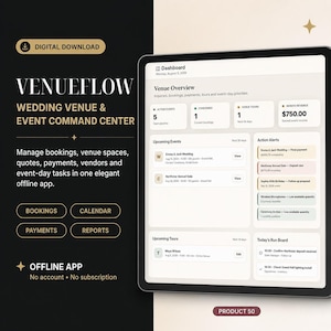 May include: A digital download of the Venueflow wedding venue and event command center app. The interface displays a dashboard with venue overview metrics, upcoming events, action alerts, and a run board on a tablet screen with a dark background.