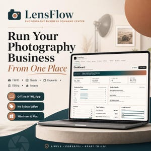 Könnte beinhalten: Ein Laptop mit dem LensFlow Dashboard für Fotografie-Unternehmen. Der Bildschirm zeigt Metriken für Kunden, Shootings, Zahlungen, Bearbeitung und Berichte. Text beinhaltet: Run Your Photography Business From One Place, Offline HTML App, No Subscription, Windows & Mac.