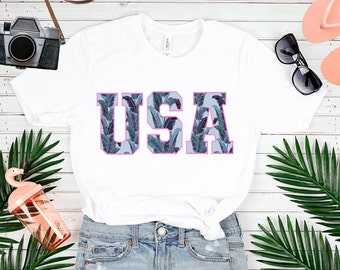 Camisa de mujer del 4 de julio de EE. UU., Camisa del 4 de julio, Camiseta divertida del 4 de julio Camiseta de talla grande de EE. UU., Camisa rosa de EE. UU., Cuarta camisa de hoja de palma