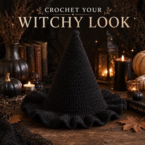 Op de afbeelding: Een zwarte gehaakte puntmuts met een brede, gegolfde rand. De tekst CROCHET YOUR WITCHY LOOK staat in gouden letters boven de hoed. De hoed heeft een textuur van handgestikte garen met een hoge, kegelvormige kroon.