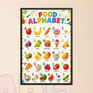 May include: A framed educational wall poster titled FOOD ALPHABET featuring colorful illustrations of food items corresponding to each letter from A to Z, including an apple, banana, carrot, donut, egg, fig, grapes, hamburger, ice cream, and juice.