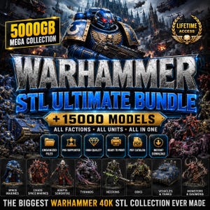 Puede incluir: Un paquete digital de archivos STL de Warhammer 40K con 5000 GB de datos y 15 000 modelos. El gráfico muestra un Space Marine azul, varias unidades de facciones y texto que incluye 5000GB MEGA COLLECTION, LIFETIME ACCESS y ALL FACTIONS ALL UNITS.