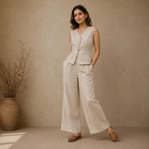 May include: A beige linen waistcoat with a V-neckline and a row of buttons down the front, paired with matching wide-leg trousers. The outfit is completed with brown woven leather sandals, creating a coordinated ensemble in a neutral tone.