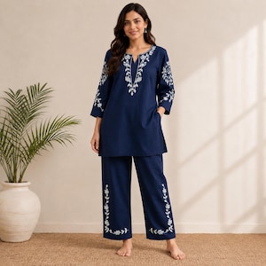 Marinblått broderat kurta-palazzo-set för kvinnor | Kombinerat bomullsset | Indisk etnisk kostym | Blommig broderad outfit | 2-delat loungeset