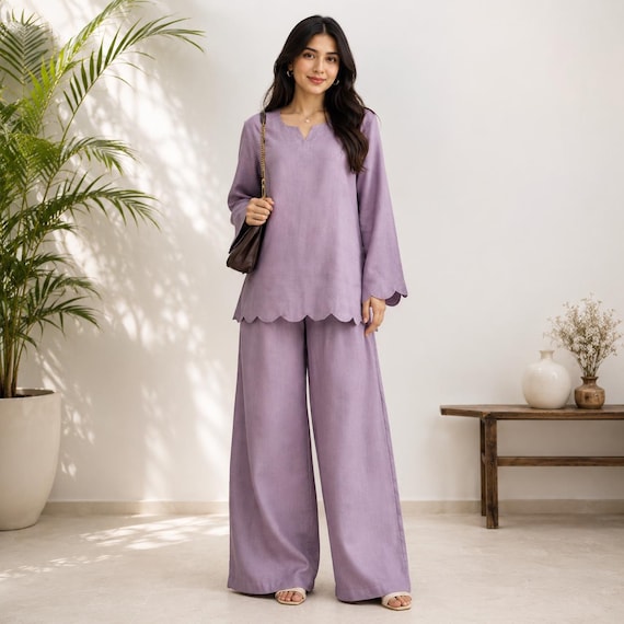 Pure Linen Co Ord Set for Women, Linen Kurta Pant Set, Wide Leg Pants, Relaxed Fit Two Piece Outfit, Minimalist Summer Clothing