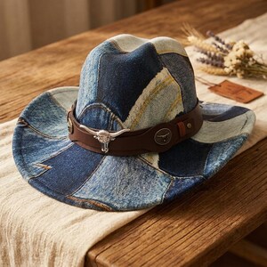 Retro patchwork denim cowboy hat, distressed-style Western hat, leather-trimmed fedora, bohemian style.