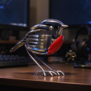 May include: A sculpture of a bird constructed from polished stainless steel cutlery, including forks and spoons. The bird features a prominent, smooth, bright red chest piece, a pointed beak, and thin metal legs with claw-like feet standing upright.