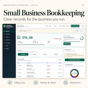 May include: A digital bookkeeping dashboard titled Small Business Bookkeeping with the text Clear records for the business you run. The interface displays financial data, including net profit, income, expenses, and recent activity logs.
