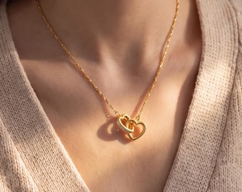 Interlocking Heart Necklace, Double Heart Pendant Necklace, Romantic Love Jewelry Gift for Her, Anniversary Valentine’s Day Gift