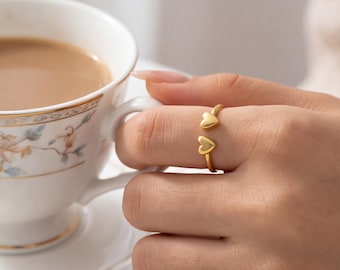 Double Heart Ring, 925 Sterling Silver Open Band, Dainty Minimalist Stacking Ring