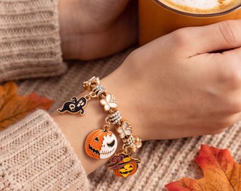 Halloween Charm Bracelet, Pumpkin Ghost Witch Jewelry, Spooky Season Bracelet, Halloween Gift for Her, Cute Fall Accessory