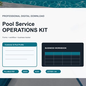 May include: A digital document titled Pool Service Operations Kit with subheadings for Forms, workflow, and business tracker. It includes a Customer & Pool Profile section, a Business Workbook table, and labels for Fillable PDF, DOCX, XLSX, and Letter + A4.