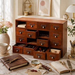May include: A wooden desktop organizer featuring fifteen small drawers arranged in a grid. Each drawer is equipped with a metal label holder and a small round knob. The unit is constructed from medium-toned wood with a visible grain pattern.