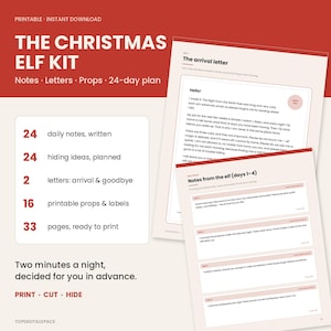 Puede incluir: Un kit imprimible de elfo navideño con 24 notas diarias, 24 ideas para esconderse, 2 cartas de llegada y despedida, 16 accesorios y etiquetas imprimibles, y 33 páginas en total. Incluye documentos titulados The arrival letter y Notes from the elf.