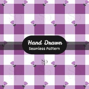 Può includere: Un motivo continuo con uno sfondo a quadri viola e viola chiaro con piccoli fiori viola disegnati a mano con steli verdi. Un riquadro nero al centro mostra il testo bianco Hand Drawn Seamless Pattern.
