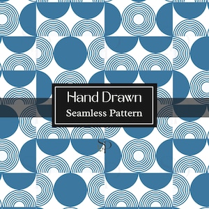 May include: A seamless pattern featuring blue and white geometric shapes, including solid circles and concentric semi-circles. A black rectangular overlay in the centre displays the white text Hand Drawn Seamless Pattern with a small SP logo below.