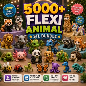 May include: A digital collection of 5000+ articulated flexi animal STL files for 3D printing. The image displays various colorful, posable animal figures including a lion, elephant, dragon, panda, puppy, butterfly, and bee, with text overlays.