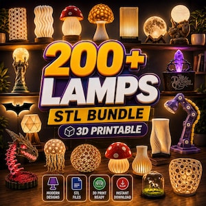 Op de afbeelding: Een digitale collectie van 200+ 3D-printbare lamp STL-bestanden met diverse ontwerpen, waaronder paddenstoellampen, maansferen, geometrische vormen, een drakenkop, een kwal en een paarse verstelbare bureaulamp met tekstoverlay.