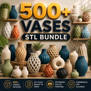 May include: A digital collection of 500+ vases in an STL bundle for 3D printing. The image displays a variety of decorative vases in diverse shapes, textures, and colors, including blue, white, orange, green, beige, and black, arranged on shelves.