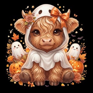 Halloween PNG-bundel met Schotse hooglandkoeien, schattige griezelige clipart van jonge Schotse hooglandkoeien, sublimatieontwerp van een koe in een pompoenveld, 10 PNG-bestanden