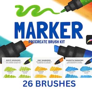 May include: A digital Procreate brush kit titled MARKER PROCREATE BRUSH KIT with 26 BRUSHES. The image displays three marker tips in green, orange, and blue, with sample swatches labeled BASIC MARKERS, DRY MARKERS, and SMOOTH MARKERS.