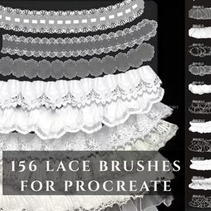 May include: A digital collection of 156 lace brushes for Procreate, featuring various white lace trim patterns and scalloped edges displayed in horizontal rows, with a sidebar showing individual brush stroke examples.