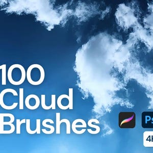 Könnte beinhalten: Eine digitale Grafik mit weißen Wolken vor einem tiefblauen Himmel und dem Text 100 Cloud Brushes. Das Bild enthält Symbole für die Software Procreate und Photoshop sowie ein kleines weißes Quadrat mit dem blauen Text 4K.