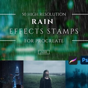 Könnte beinhalten: Eine digitale Sammlung von 50 hochauflösenden Regen-Effekt-Stempeln für Procreate und Photoshop, mit dem Text 50 HIGH RESOLUTION RAIN EFFECTS STAMPS FOR PROCREATE und .ABR, vor einem Hintergrund mit fallendem Regen und Stadtansichten.