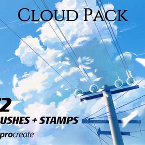 Könnte beinhalten: Ein digitales Grafik-Asset-Paket mit dem Titel CLOUD PACK, das 72 BRUSHES + STAMPS für Procreate enthält. Die Grafik zeigt einen hellblauen Himmel mit weißen Kumuluswolken, einen Strommast mit Leitungen und das Procreate-Logo unten links.