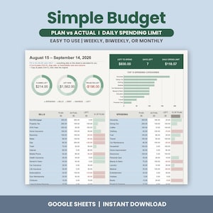 Einfache Budgettabelle für Google Sheets, monatlicher Budgetplaner, Ausgabenverfolgung für das Gehaltsbudget, Rechnungsübersicht