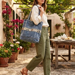 Vintage Wash Denim Tote Bag, Large Capacity Shoulder Bag, Boho Patchwork Denim Handbag, Casual Commute Shopping Bag for Women