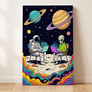 Astronaut and Alien Canvas Print, Space Coding Wall Art, Trippy Galaxy Poster, Sci-Fi Home Decor, Unframed