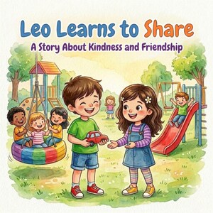 May include: A children's book cover titled Leo Learns to Share: A Story About Kindness and Friendship. The illustration features a boy holding a red toy car, a girl reaching for it, and other children playing on a playground with swings and a slide.