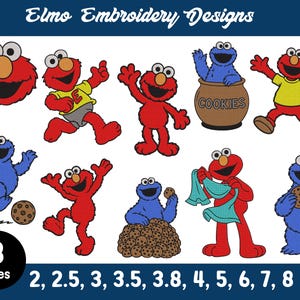 Puede incluir: Una colección de diseños de bordado de Elmo y el Monstruo de las Galletas en varias poses, incluyendo Elmo con camiseta amarilla, el Monstruo de las Galletas con un tarro de galletas marcado COOKIES y comiendo galletas. El texto dice Elmo Embroidery Designs.