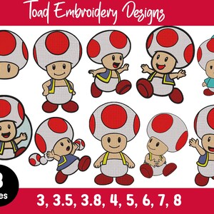 Può includere: Una collezione digitale di disegni da ricamo Toad con nove pose distinte del personaggio con un cappello a fungo rosso e bianco, gilet blu e scarpe rosse. Il testo Toad Embroidery Designs e 8 Sizes 3, 3.5, 3.8, 4, 5, 6, 7, 8 è visibile.
