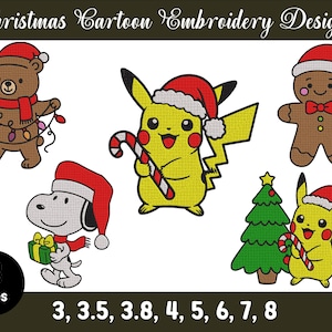 Pode incluir: Uma coleção digital de desenhos de bordado de Natal com um urso castanho, um Pikachu amarelo, um boneco de gengibre, um cão branco e uma árvore. O texto indica 8 tamanhos 3, 3.5, 3.8, 4, 5, 6, 7, 8.