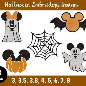Pode incluir: Desenhos de bordado de Halloween com um fantasma com laço, um morcego com orelhas de rato, uma teia de aranha e uma abóbora com orelhas de rato e laço. O texto diz Halloween Embroidery Designs e 8 Sizes 3, 3.5, 3.8, 4, 5, 6, 7, 8.